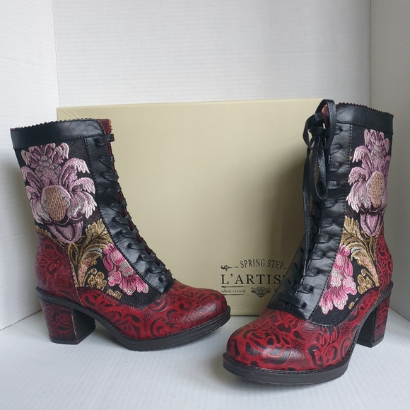 L'Artiste Spring Step Shoes - L' Artiste Spring Step Casandra Black Leather Lace-Up / Zipper Embroider Boot 38